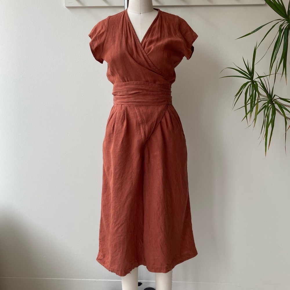 Not Perfect Linen Moroccan Cropped MIDI Torino Red Wrap Jumpsuit - Size S